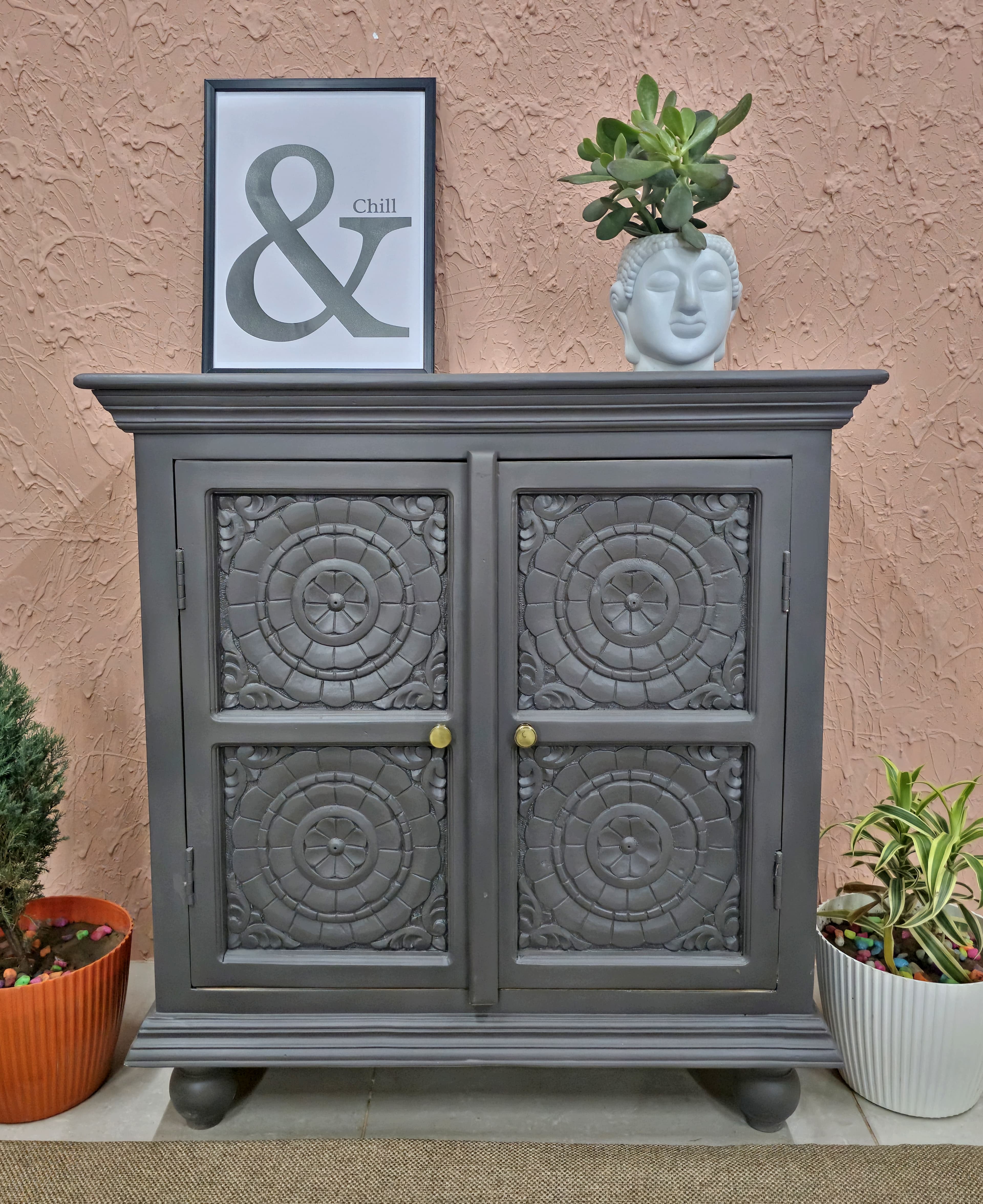 Hand-Carved Two Door Mango Wood Sideboard